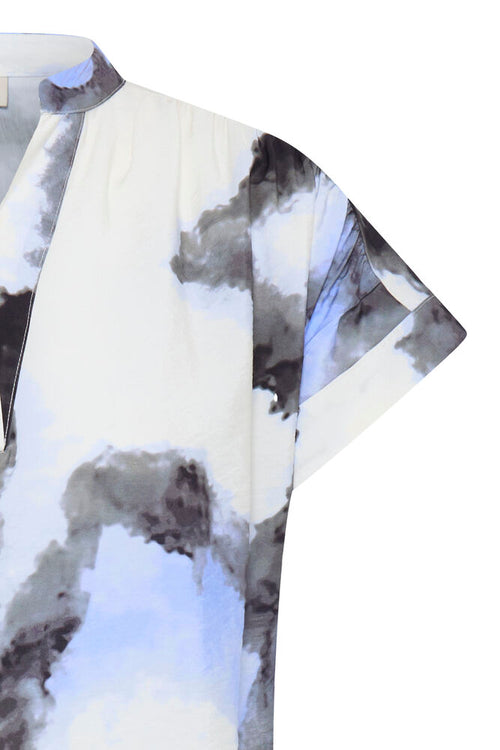 Fransa Blue & Creme Marble V Neck Blouse
