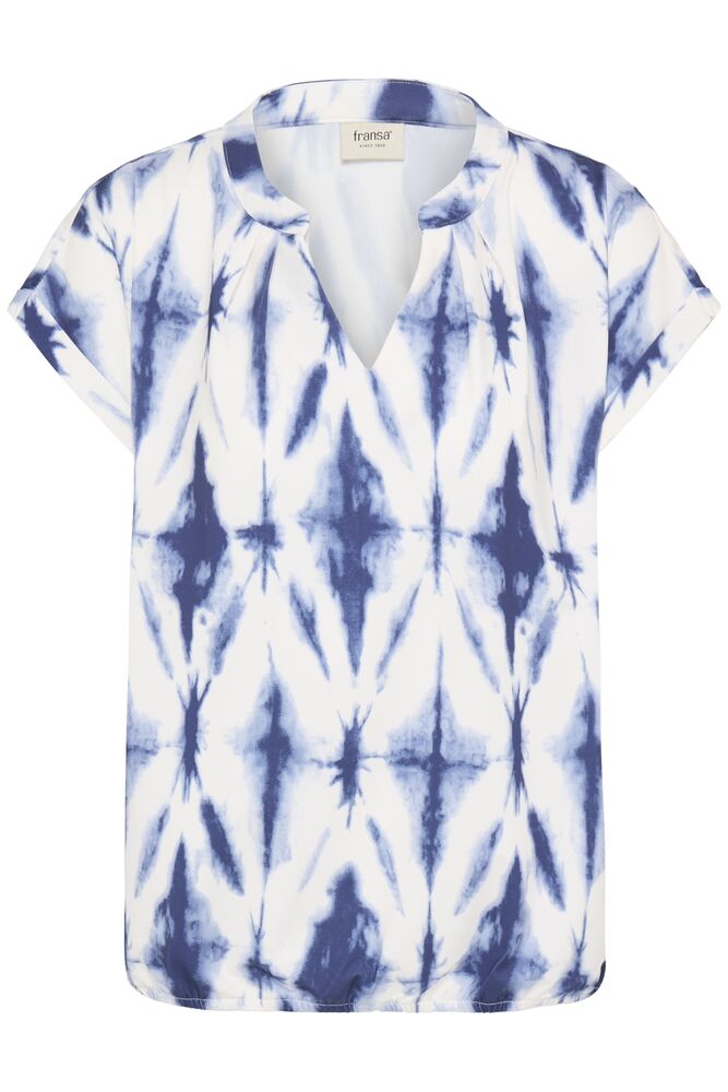 Fransa Mid Blue & White Tie Dye V Neck Top