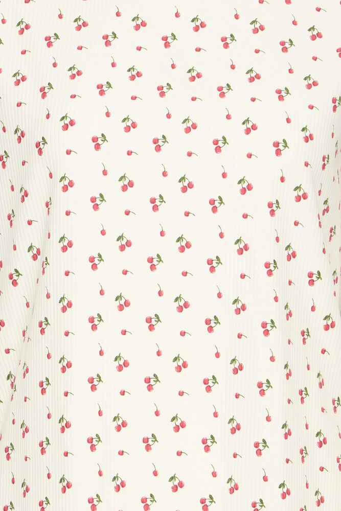 Fransa Cream & Cherry Print Ribbed Top