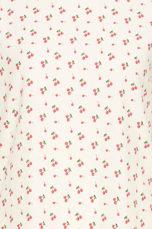 Fransa Cream & Cherry Print Ribbed Top