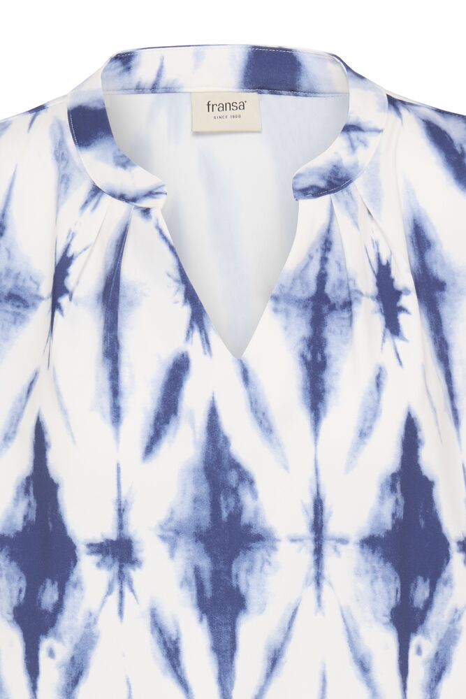 Fransa Mid Blue & White Tie Dye V Neck Top