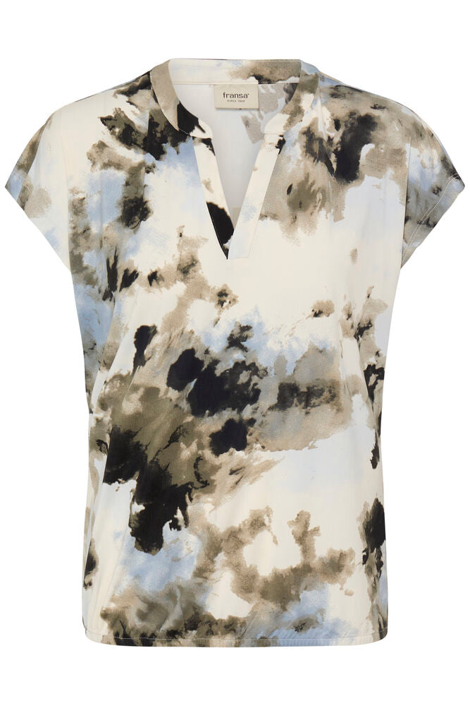 Fransa Neutral, Blue & Grey Watercolour Print V Neck Top