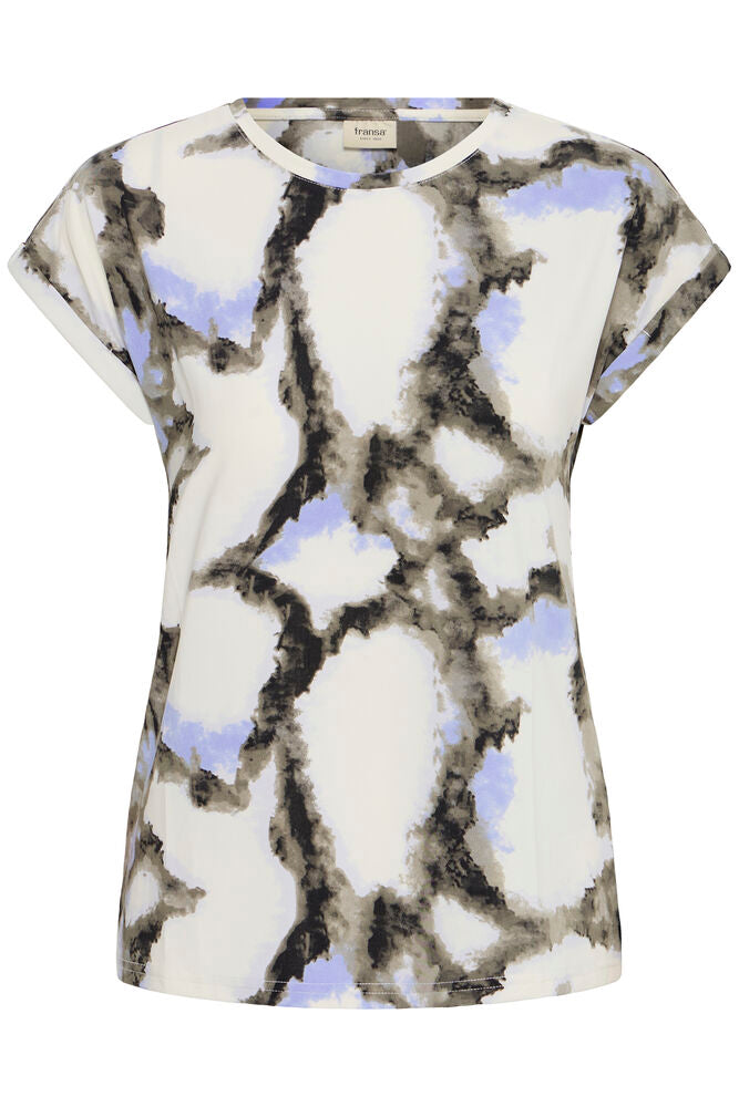Fransa Mixed Creme & Blue Tone Marble Print Short Sleeve Top