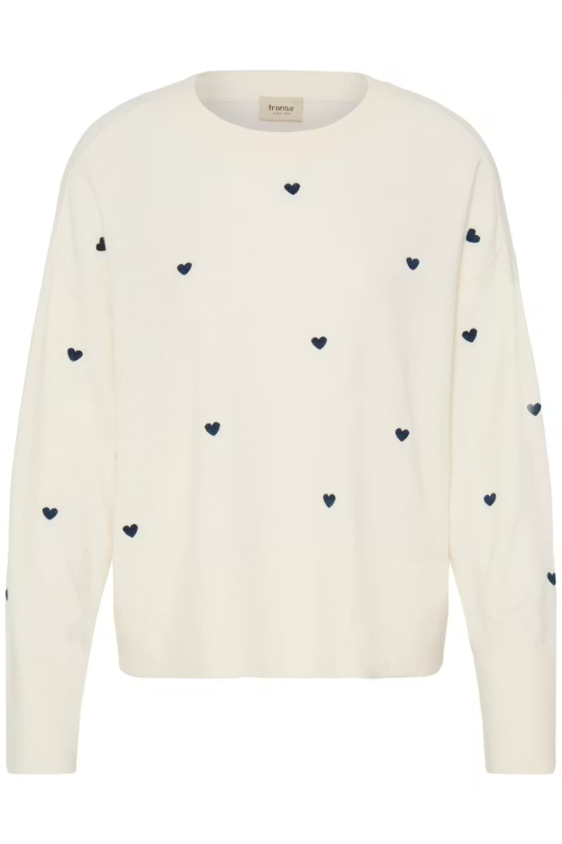 Fransa White & Navy Blue Embroidered Heart Jumper