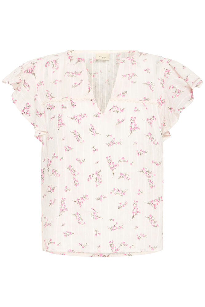 Fransa White & Pink Floral Frill Blouse