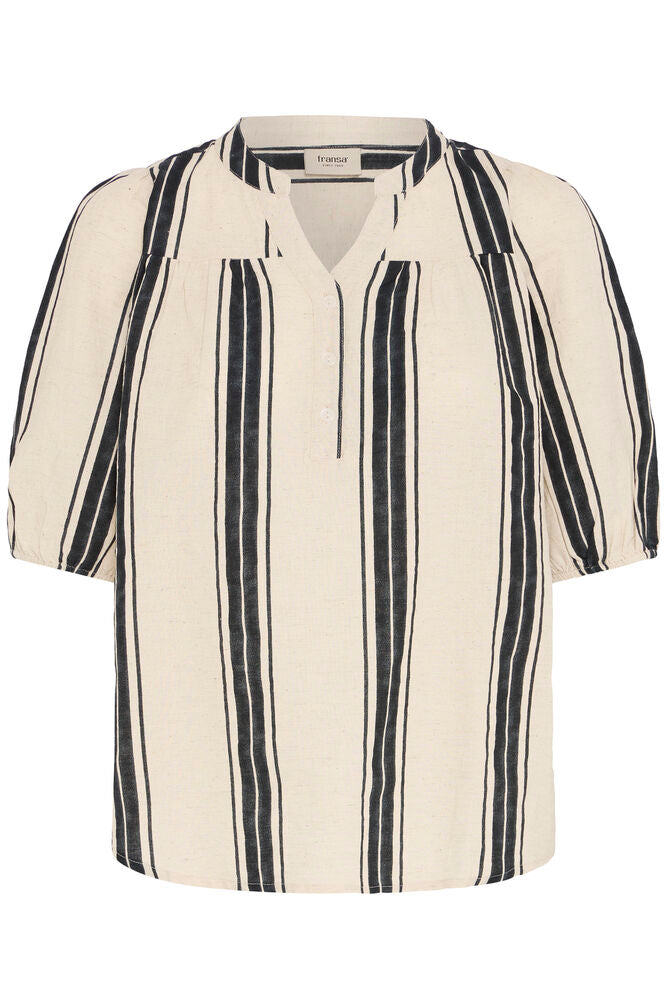 Fransa Neutral & Metorite Stripe Linen V Neck Blouse
