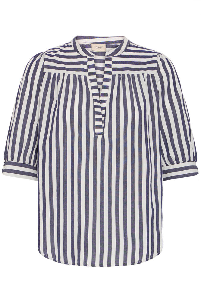 Fransa Navy Blue & White Striped Blouse