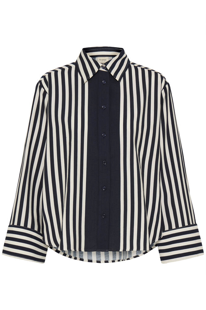 Fransa Salute Navy Blue & White Block Striped Shirt