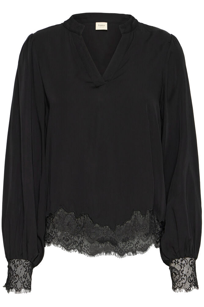 Fransa Black Lace Trim V Neck Blouse
