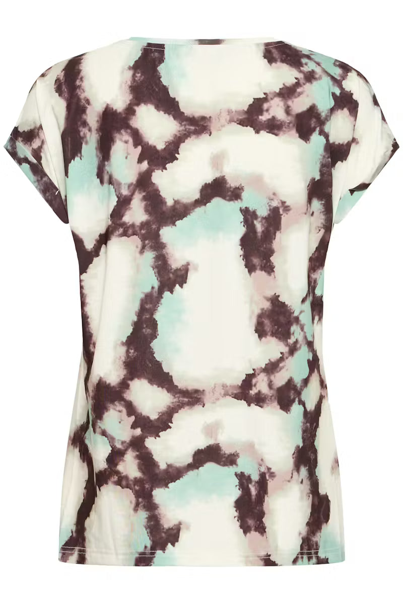 Fransa Mixed Creme & Green Tone Marble Print Short Sleeve Top