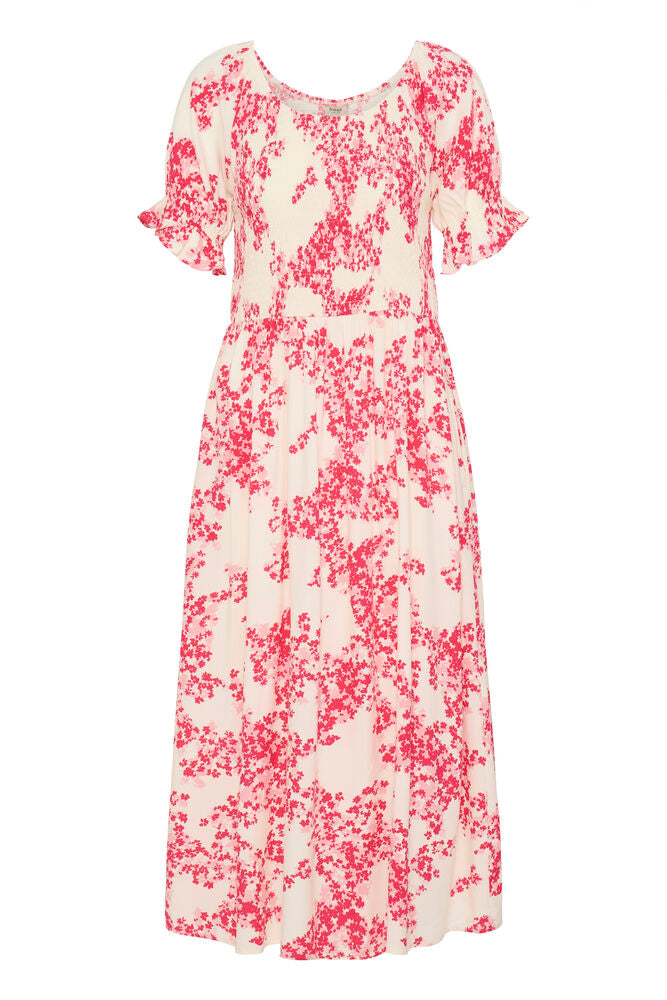 Fransa Soft Pink Mixed Floral Shirred Midi Dress