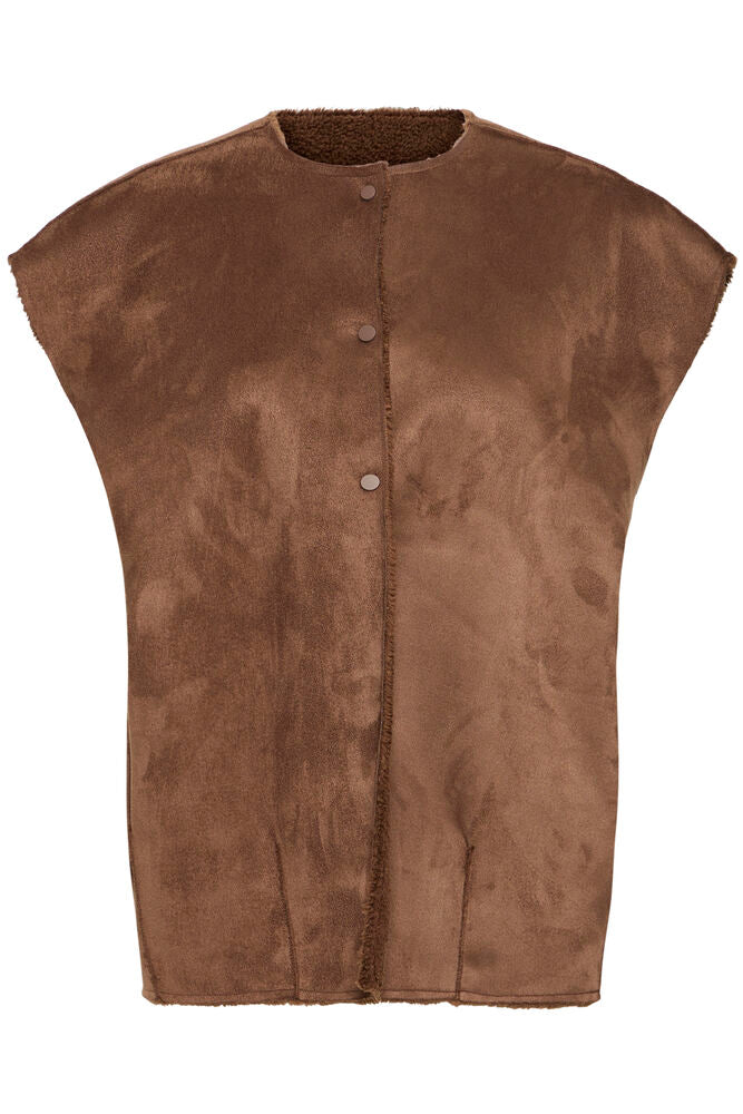 Fransa Raindrum Brown Reversible Faux Suede & Teddy Gilet