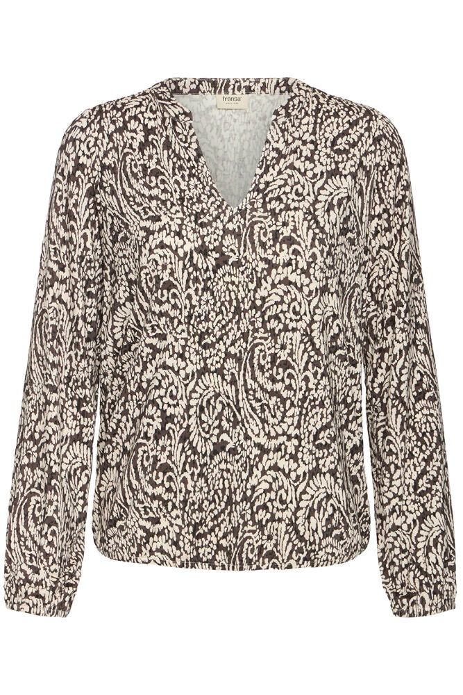 Fransa Hot Fudge Brown & Beige Paisley V Neck Blouse