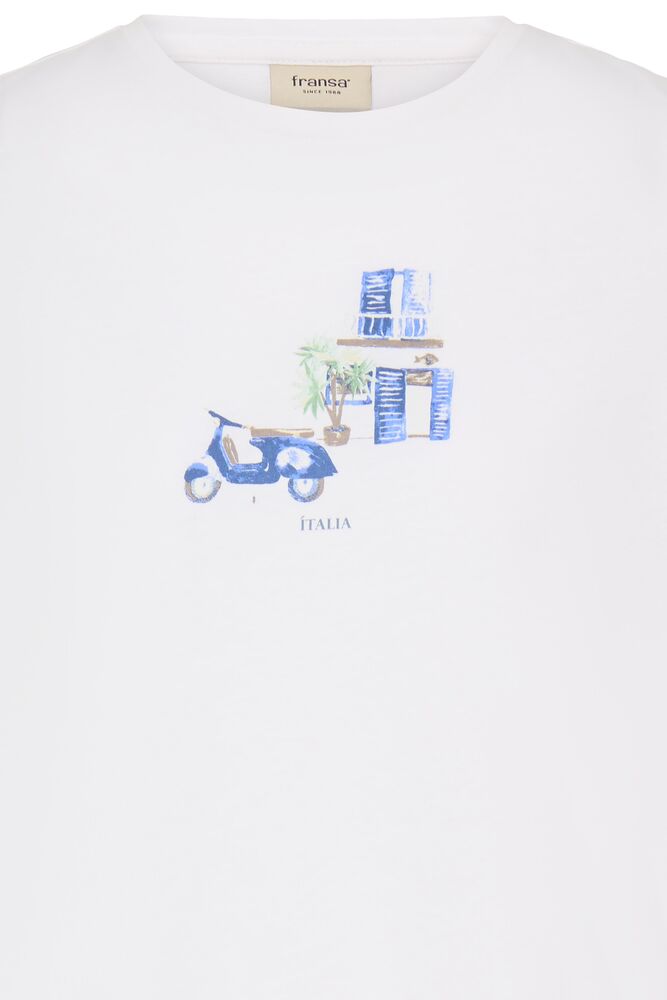 Fransa Italia Blue Printed White Cotton T-Shirt