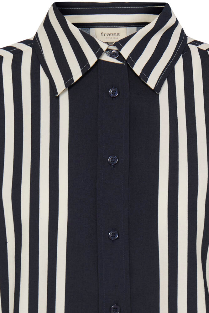 Fransa Salute Navy Blue & White Block Striped Shirt
