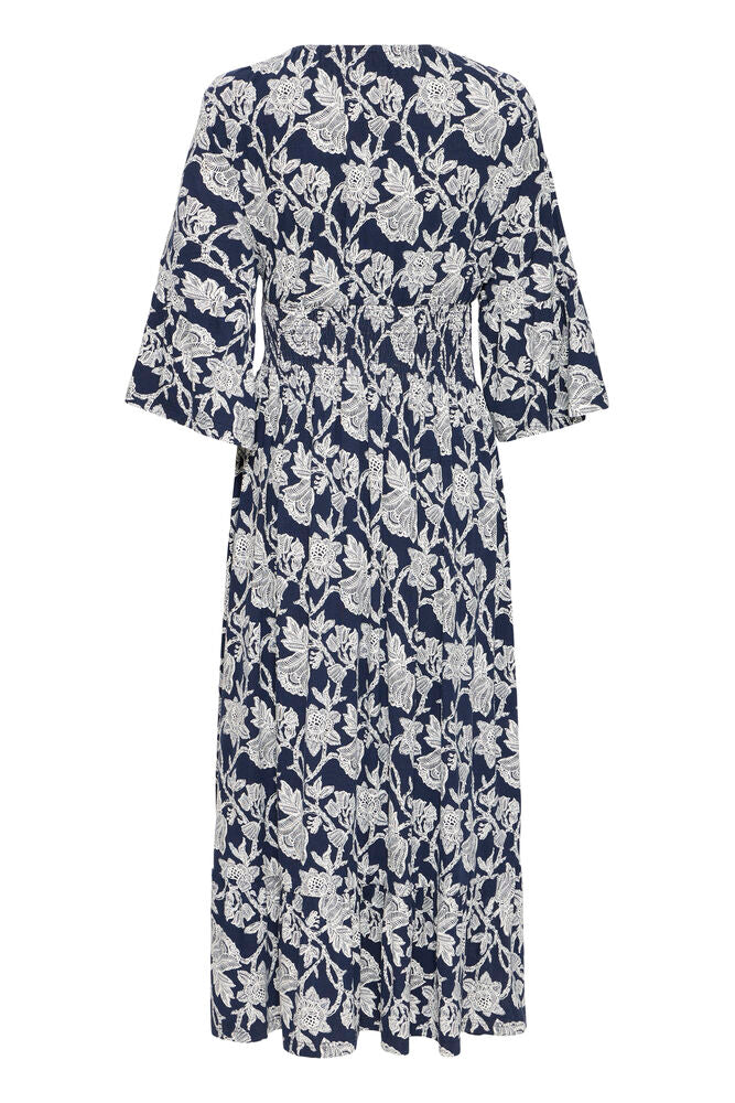 Fransa Navy & White Floral Shirred Midaxi Dress