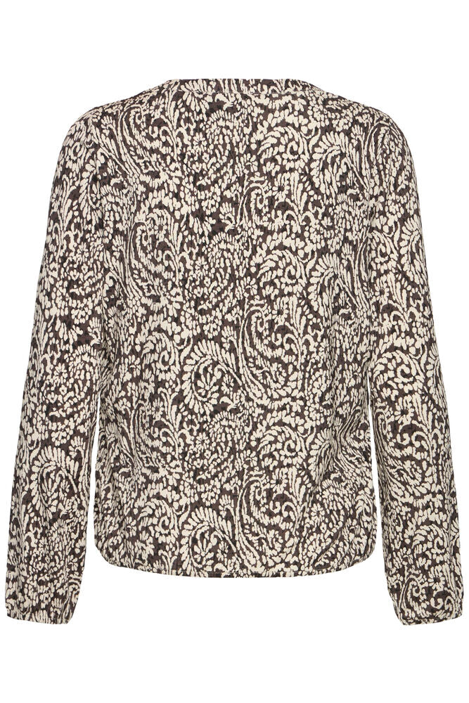 Fransa Hot Fudge Brown & Beige Paisley V Neck Blouse