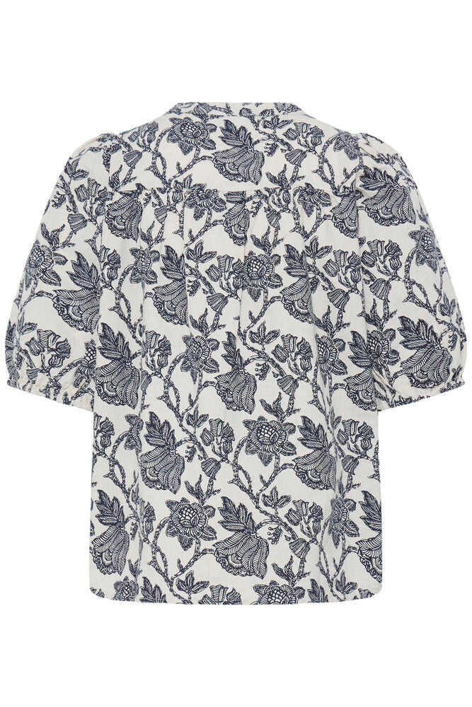 Fransa Neutral & Navy Floral Design Linen V Neck Blouse
