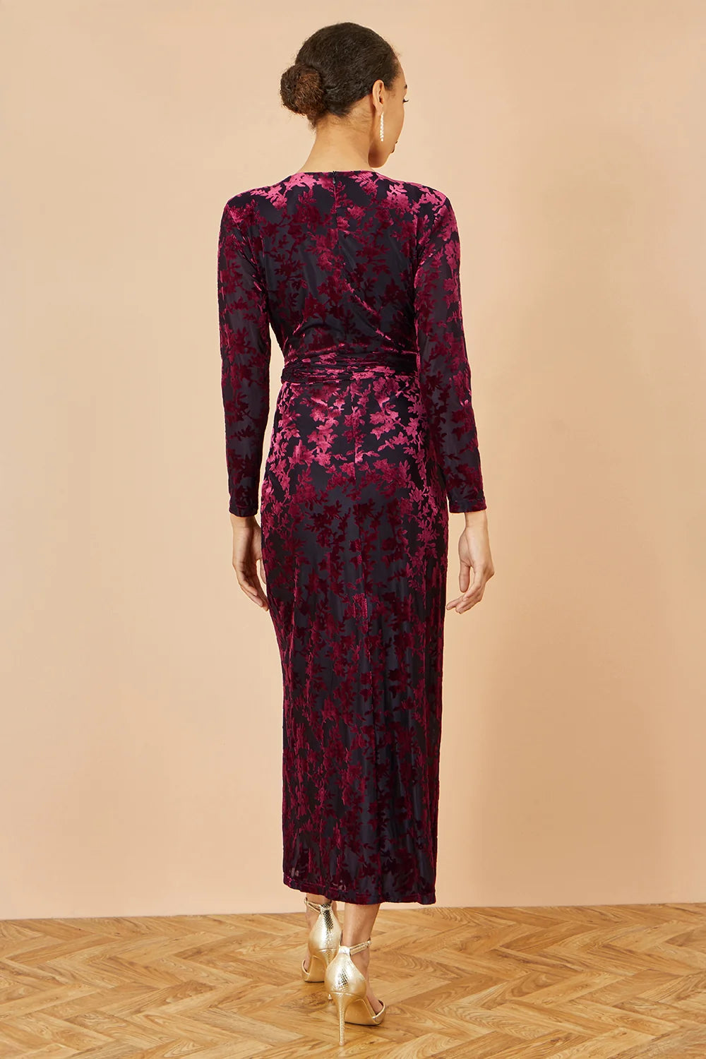 Plum Velour Tie Detail Long Sleeve Midi Dress