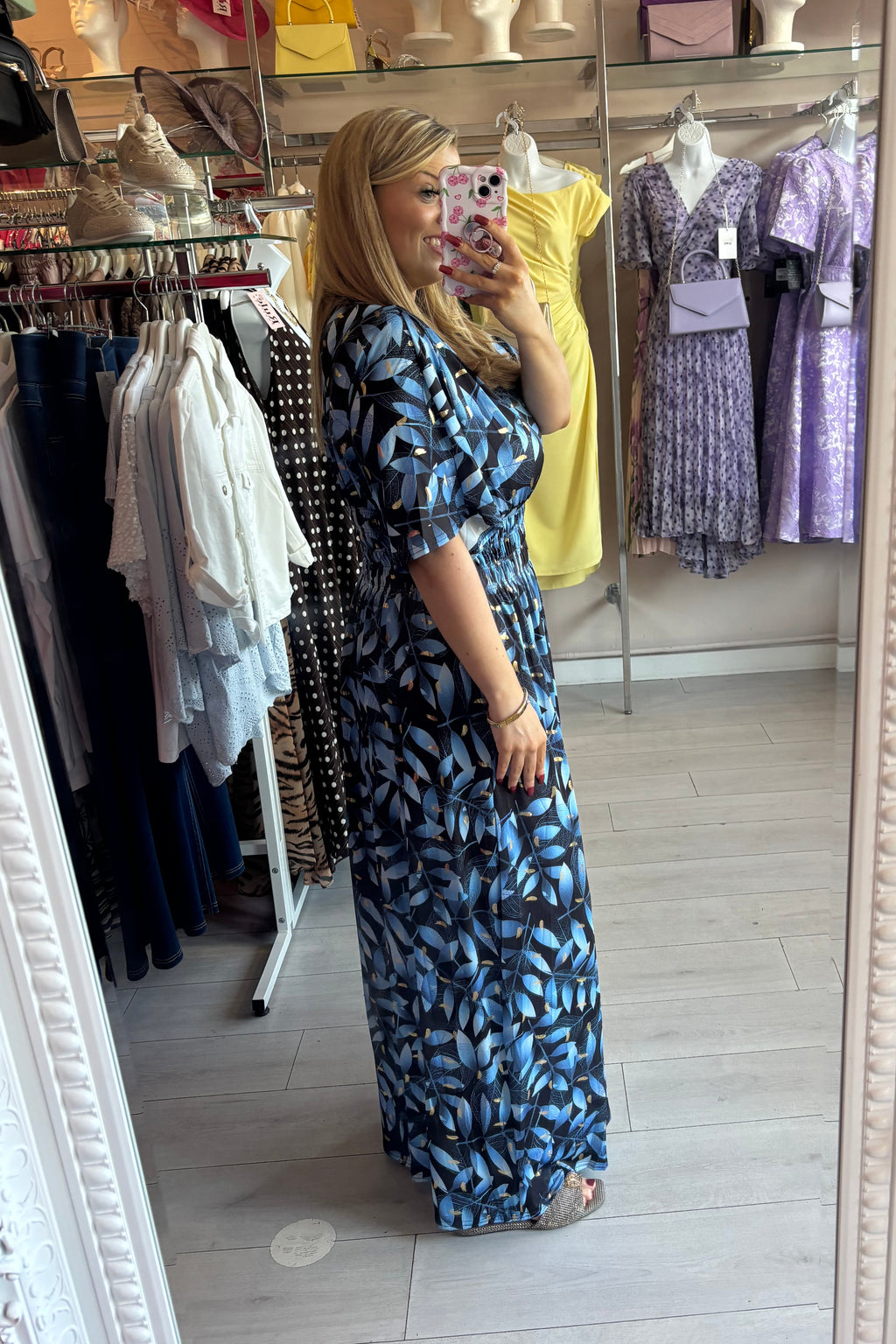 Mixed Blue & Black Gold Metallic Lurex Leaf Print Summer Maxi Dress