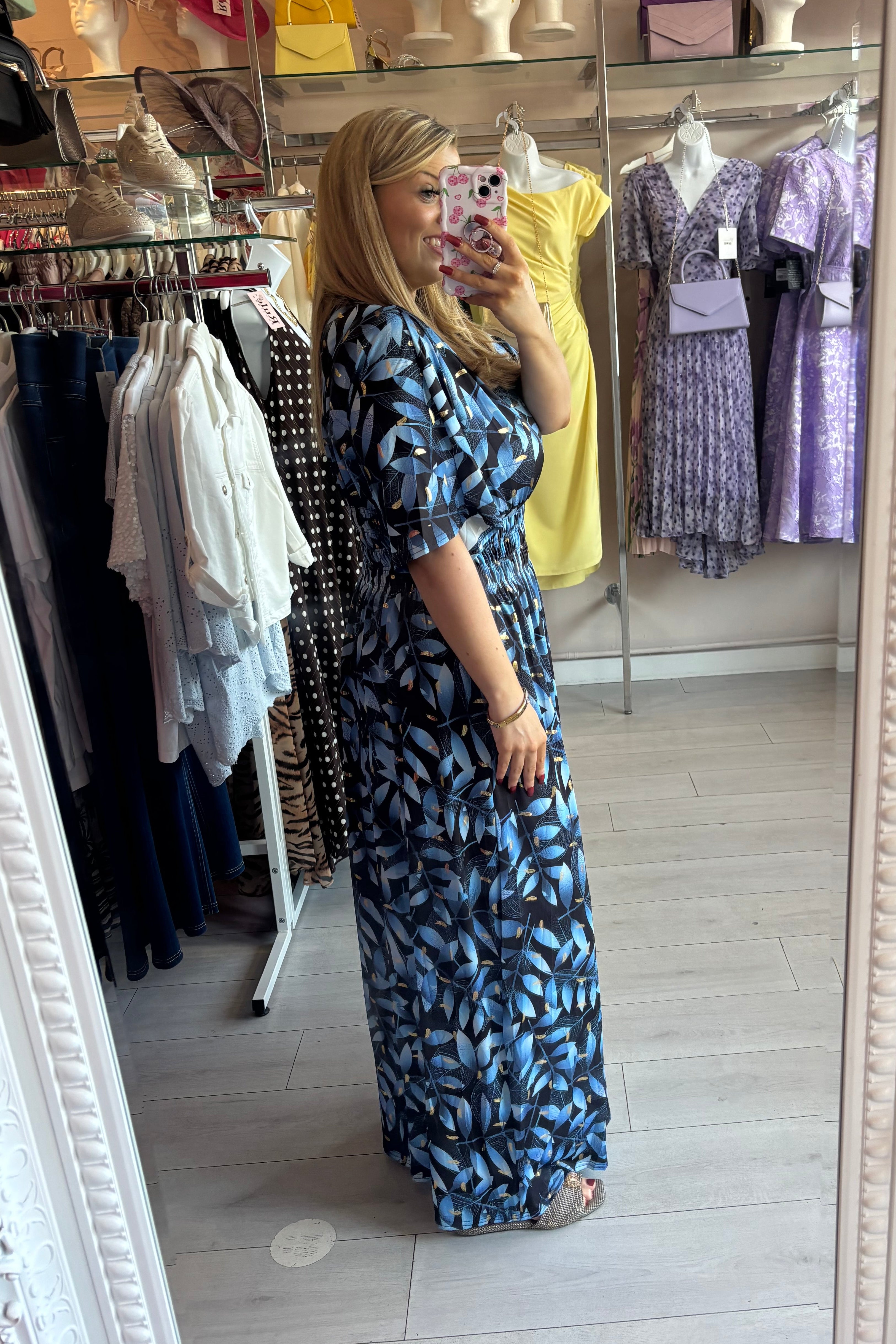Mixed Blue & Black Gold Metallic Lurex Leaf Print Summer Maxi Dress