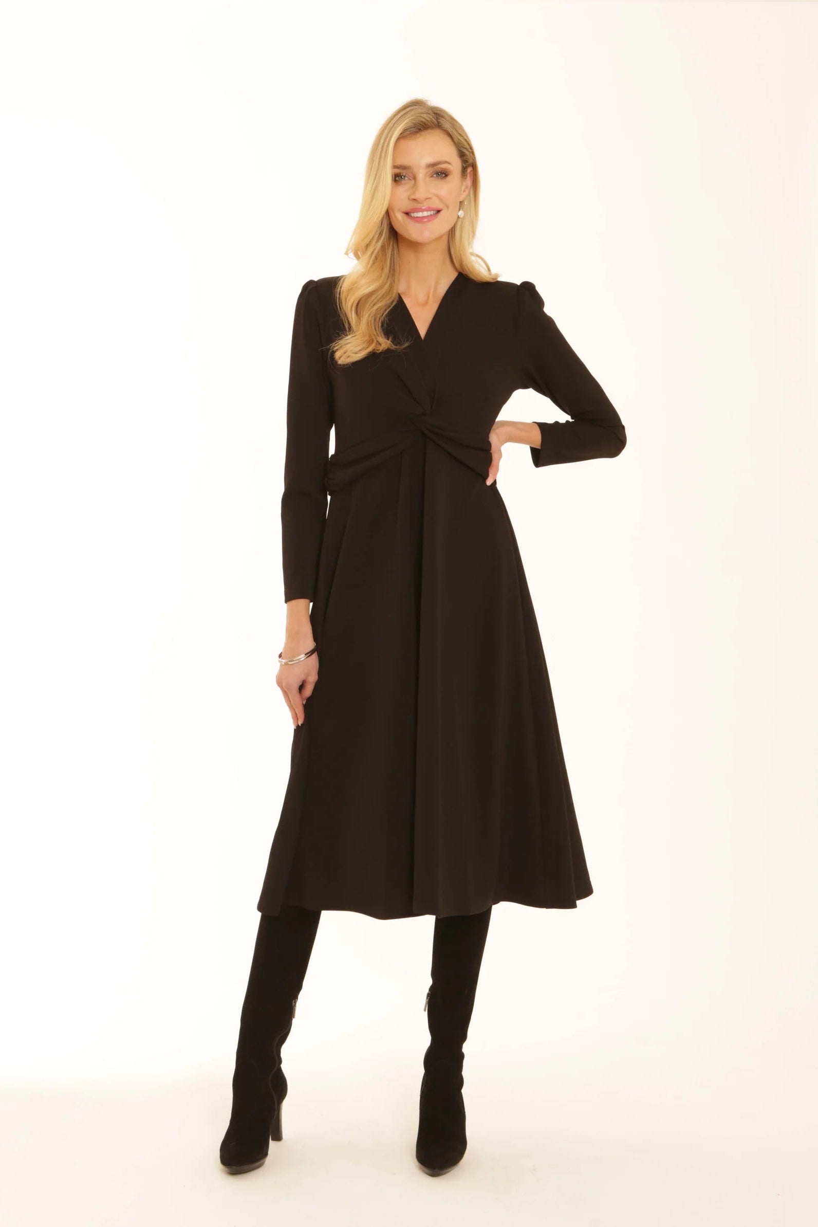 Pomodoro Black Twist Front A-Line Midi Dress