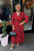 Kate & Pippa Mars Red & Black Marble Print Crossover Pleated Midaxi Dress