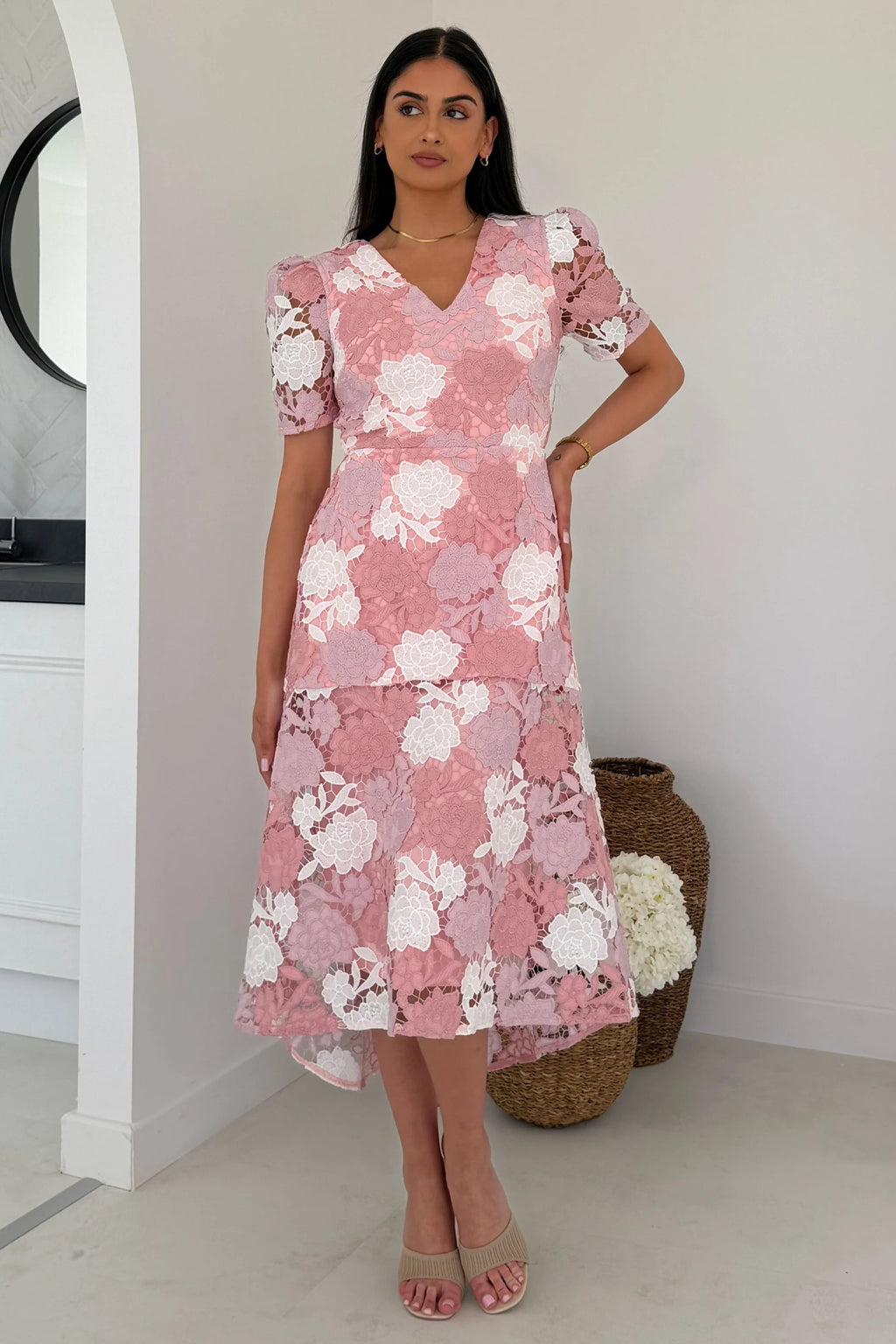 Dusky Pink & White Floral Guipure Lace Midi Dress