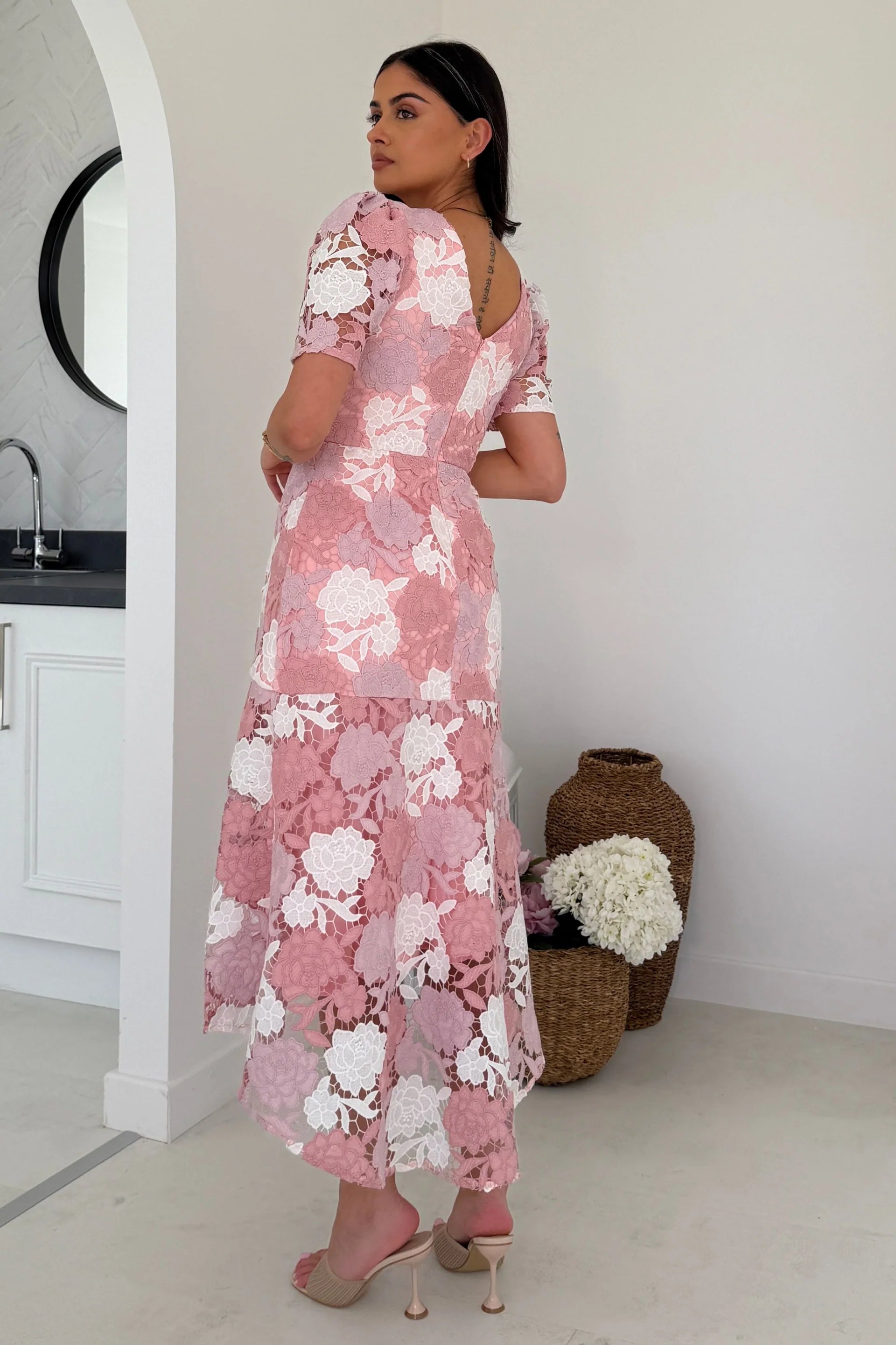 Dusky Pink & White Floral Guipure Lace Midi Dress