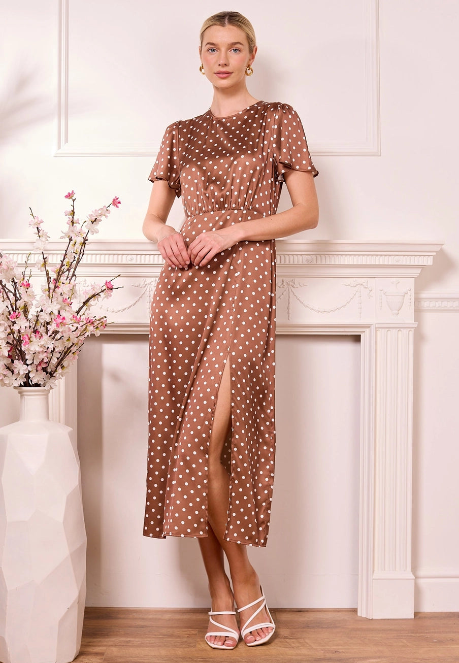 Chocolate Brown Polka Dot Satin Midi Dress