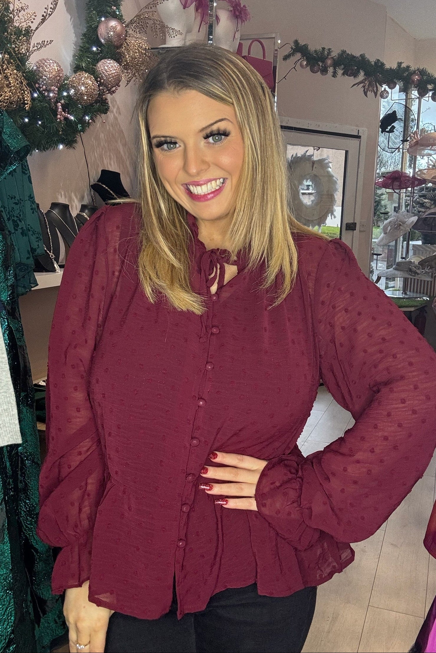 Wine Semi Sheer Textured Ruffled Blouse