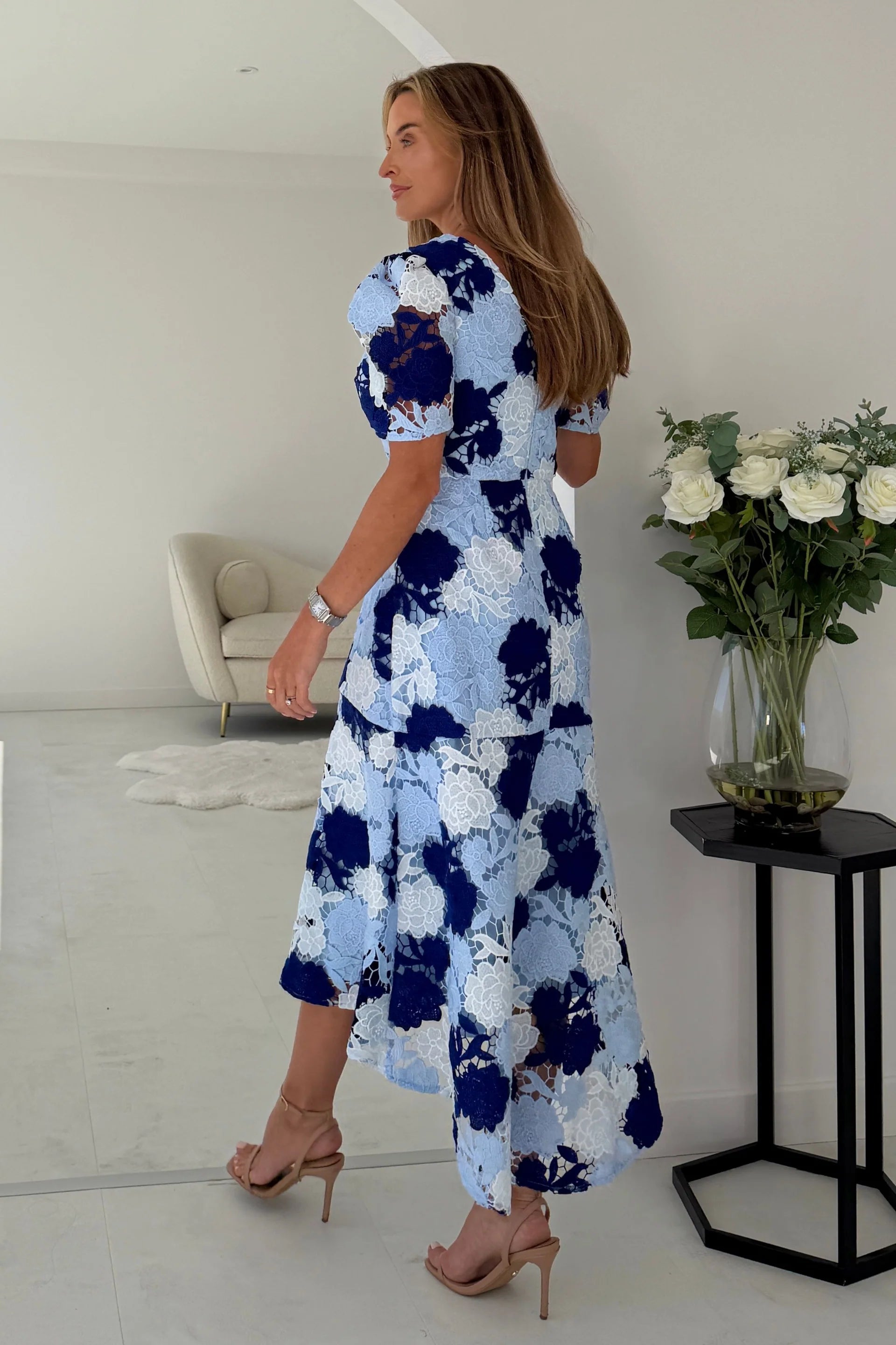 Mixed Blue Tone  Floral Guipure Lace Midi Dress