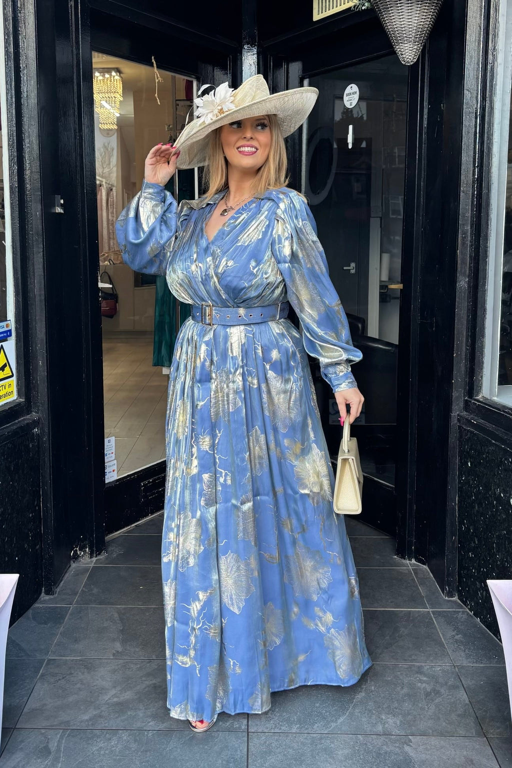 Blue & Metallic Gold Floral Grecian Style Maxi Dress