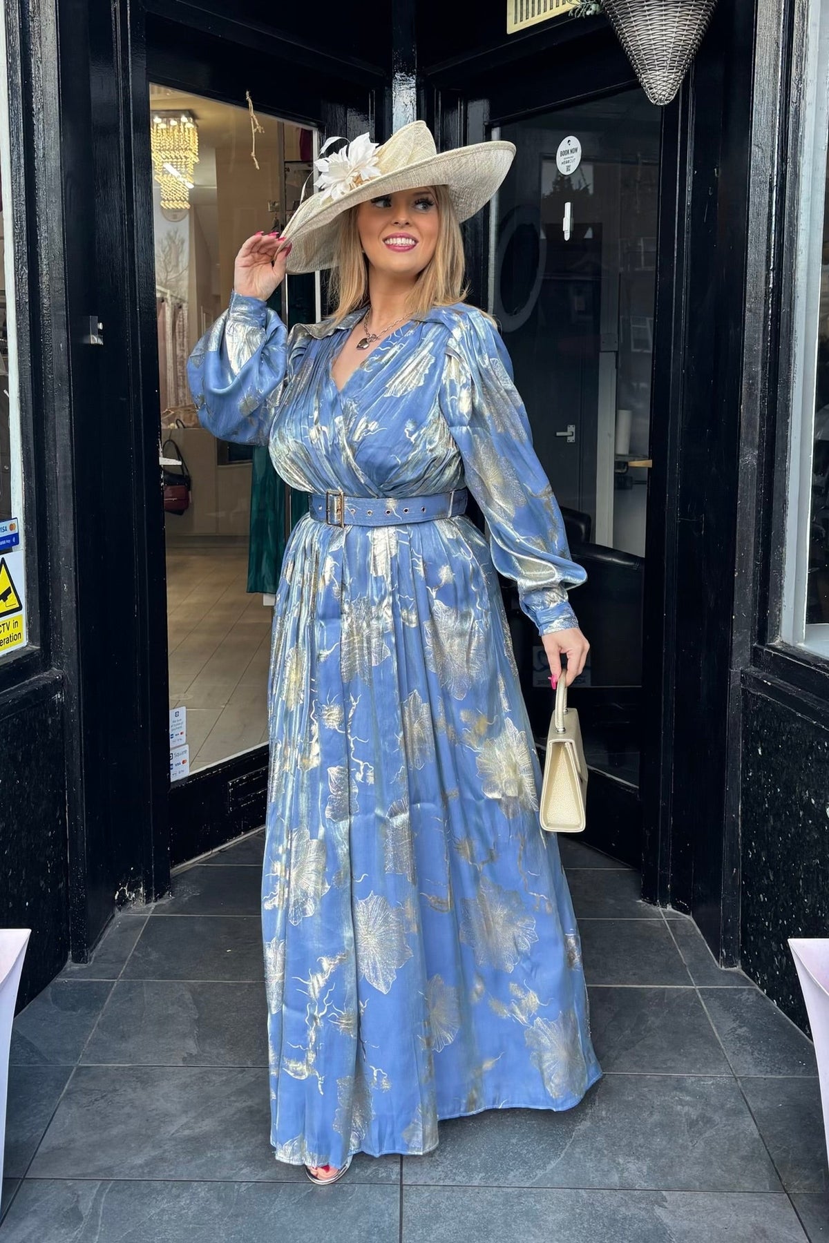 Blue & Metallic Gold Floral Grecian Style Maxi Dress