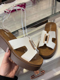 White Vegan Leather & Gold Buckle Wedge Slider Sandals