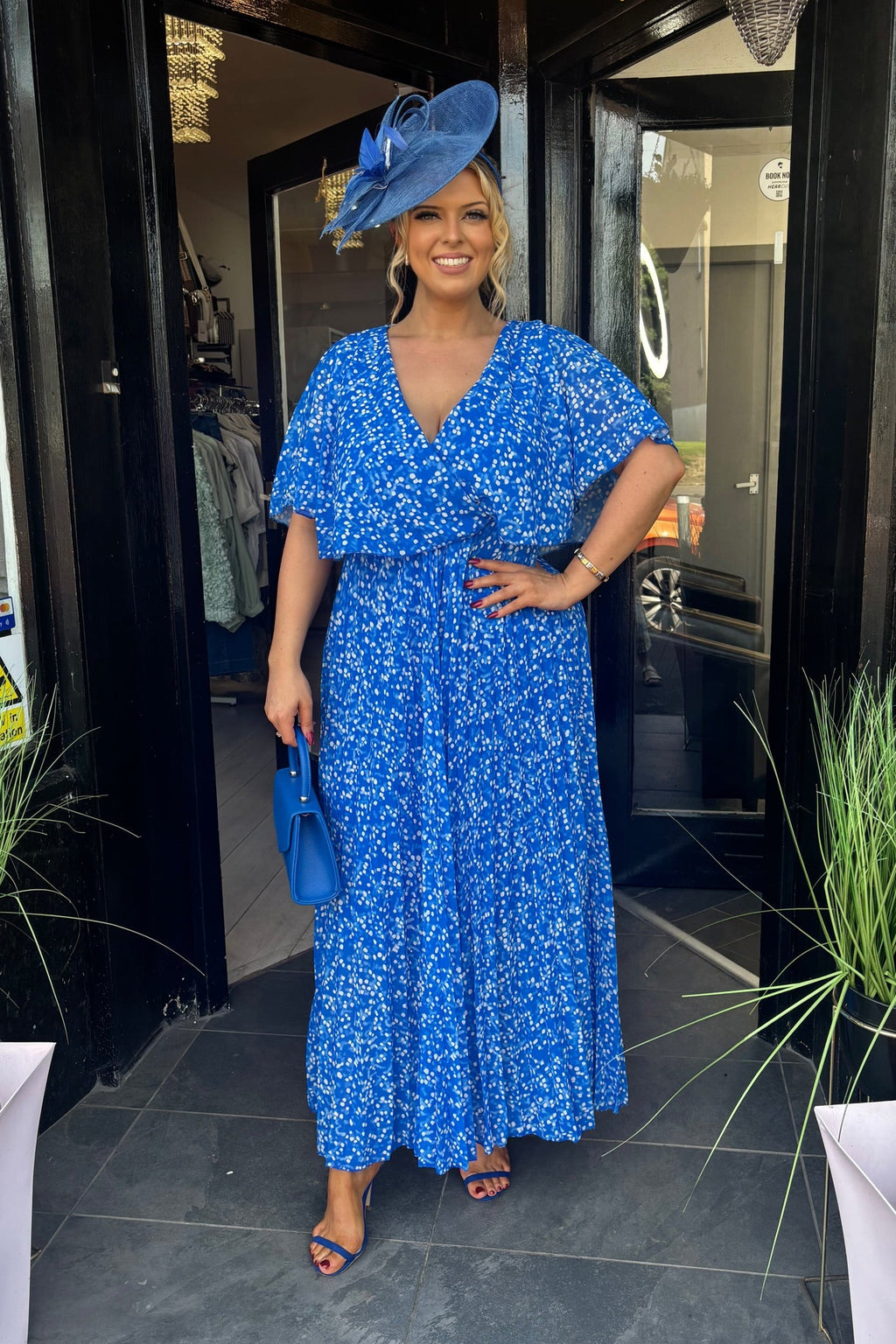 Saint Mid Blue Polka Dot Cape Detail Midi Dress