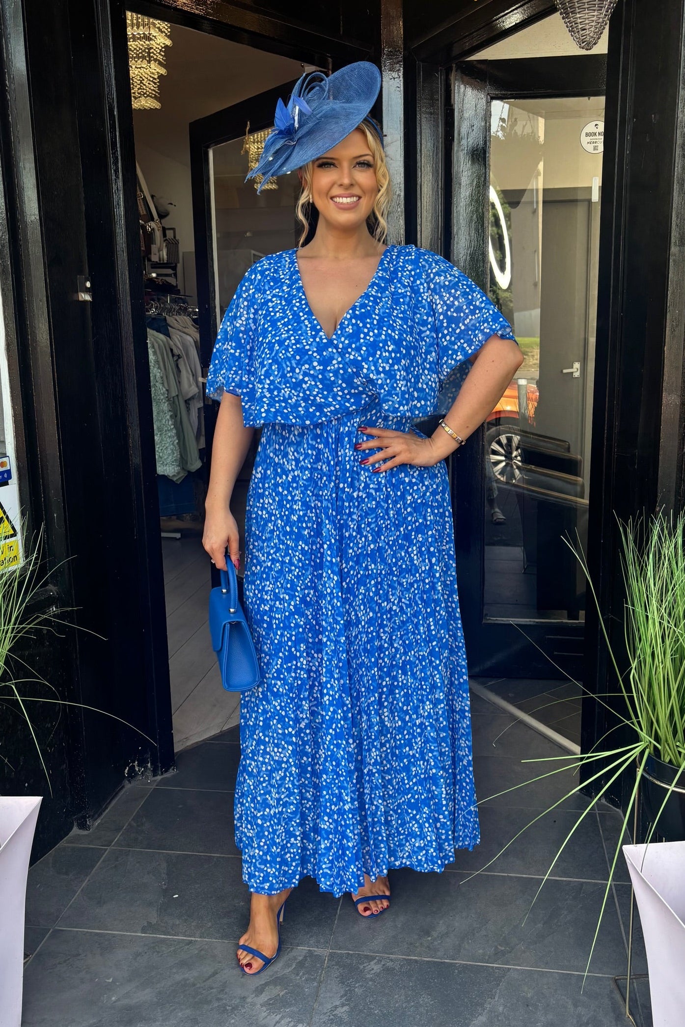 Saint Mid Blue Polka Dot Cape Detail Midi Dress