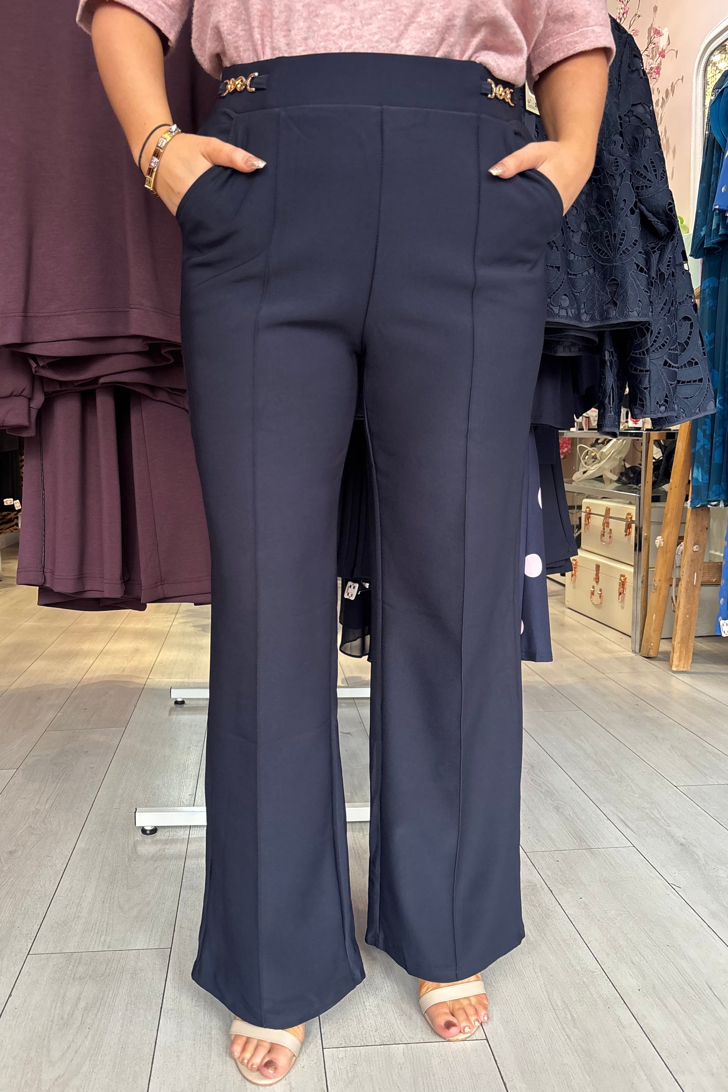 “The Jenny” Navy Gold Buckle Wide Leg Soft Feel Scuba Trousers