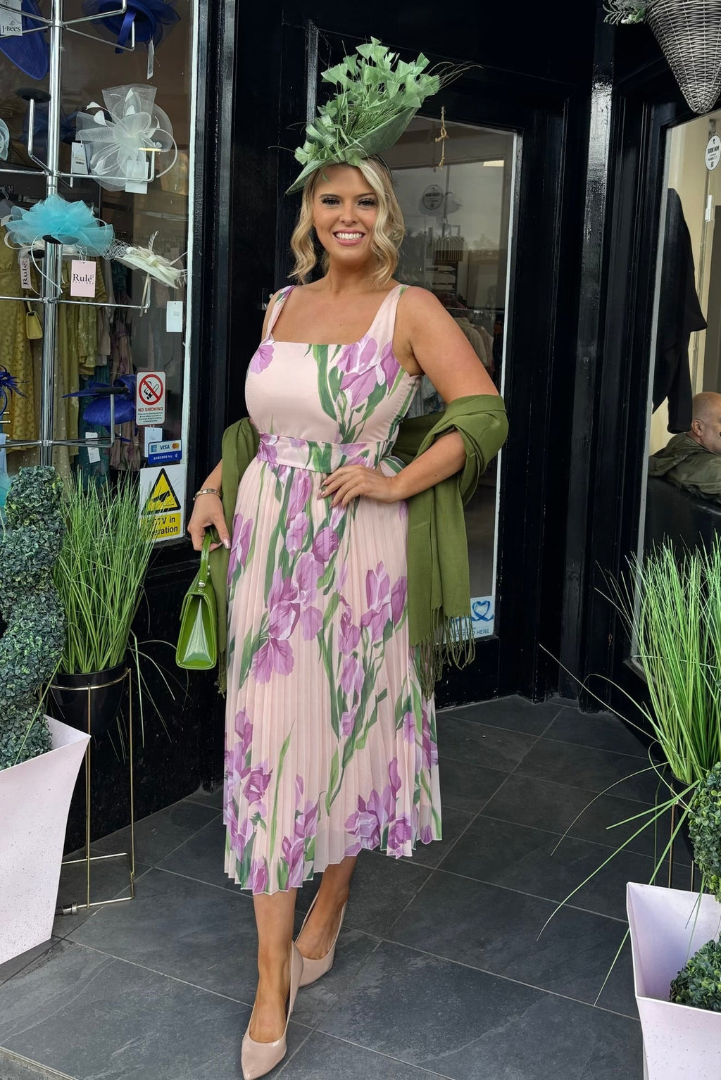 Mixed Peach Lilac & Green Floral Pleated Midi Dress