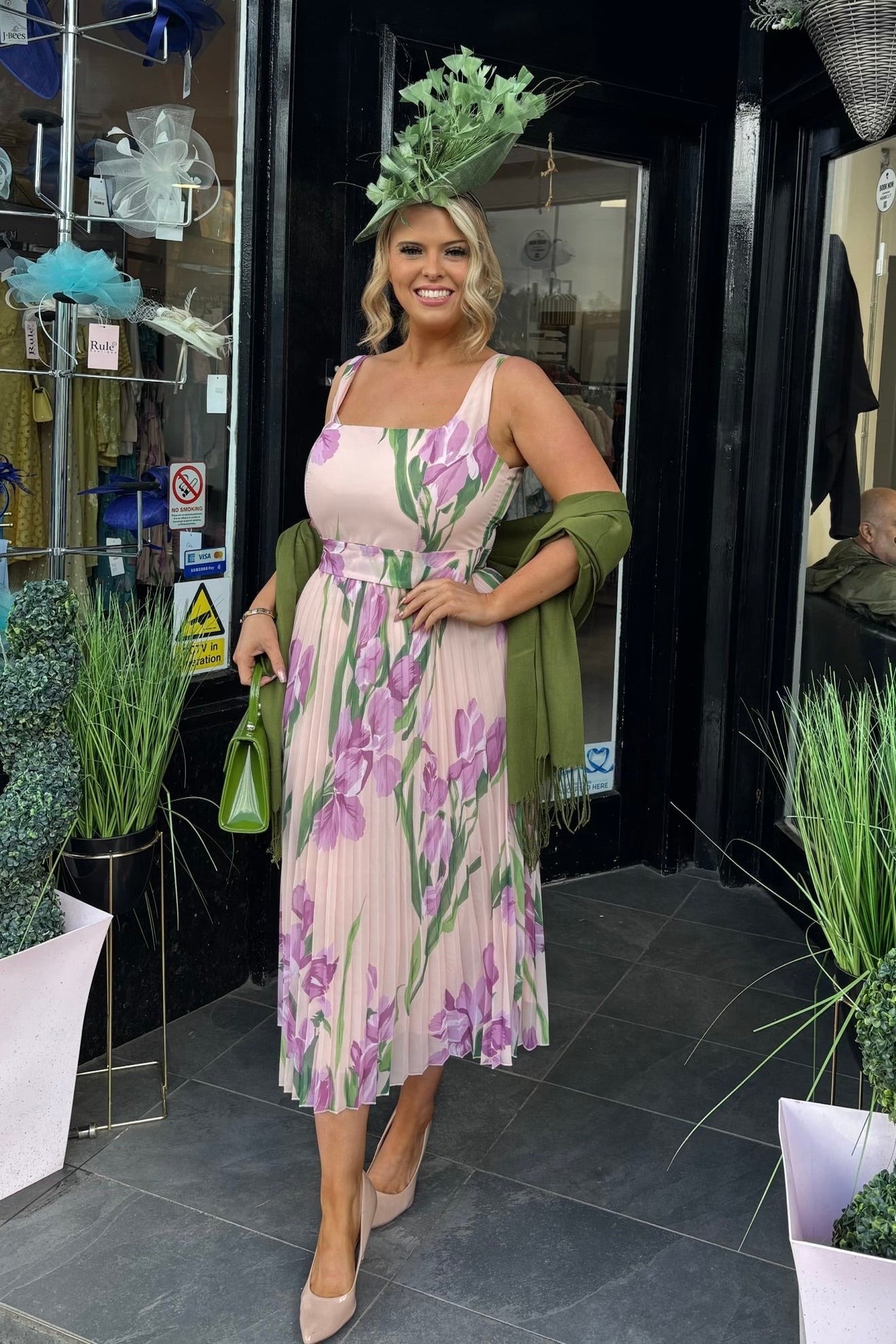 Mixed Peach Lilac & Green Floral Pleated Midi Dress