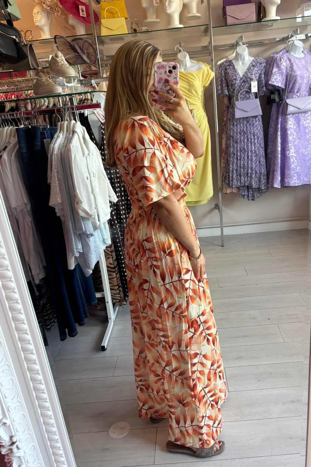Mixed Orange Tone Gold Metallic Lurex Leaf Print Summer Maxi Dress