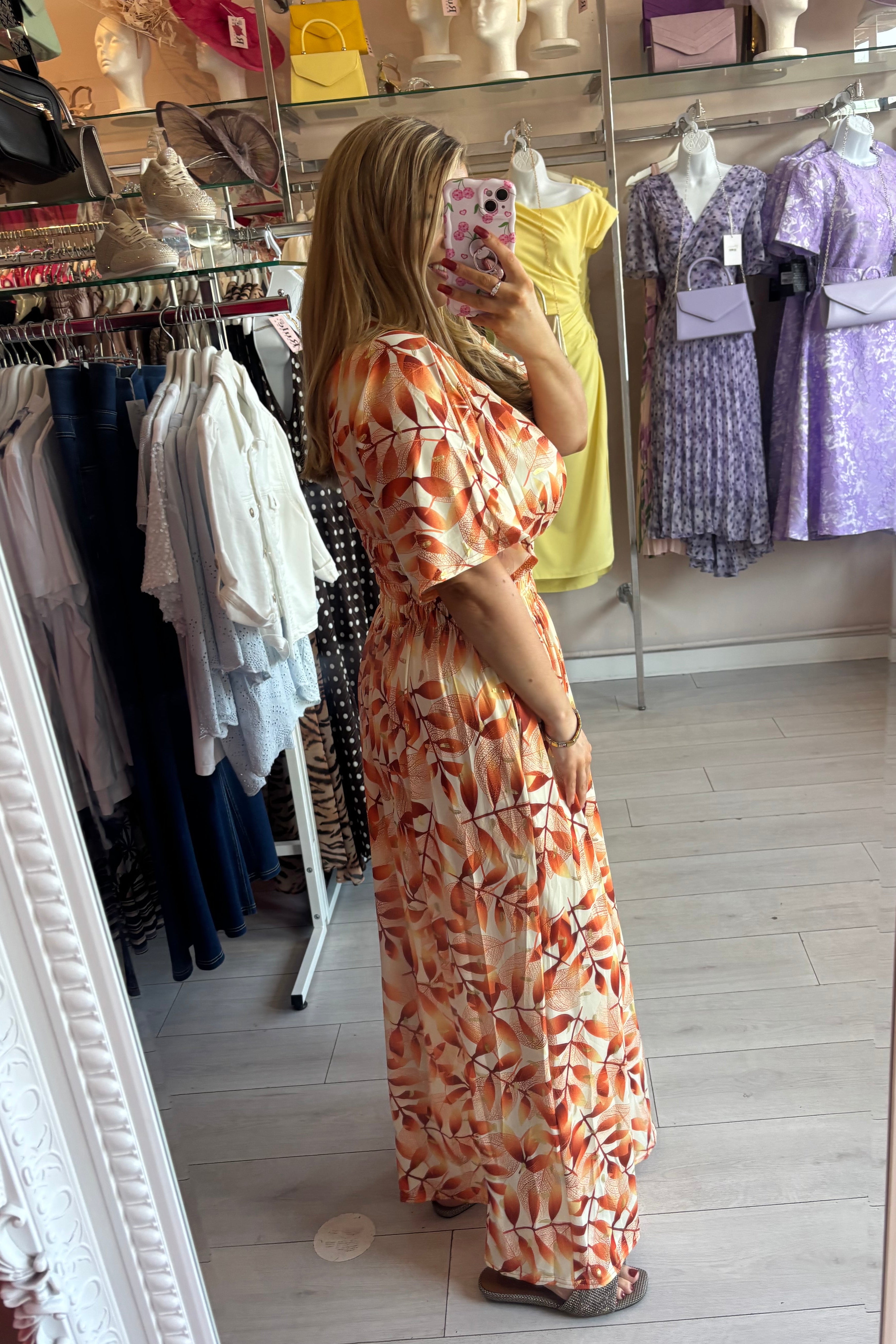 Mixed Orange Tone Gold Metallic Lurex Leaf Print Summer Maxi Dress
