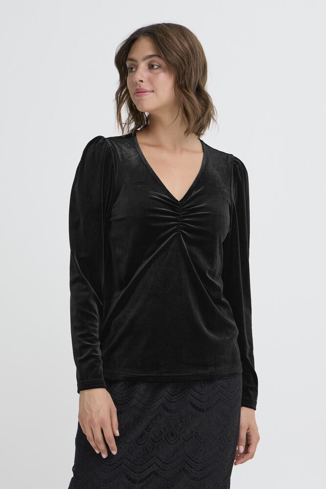 Fransa Premium Black Velvet Ruched Bust V Neck Top