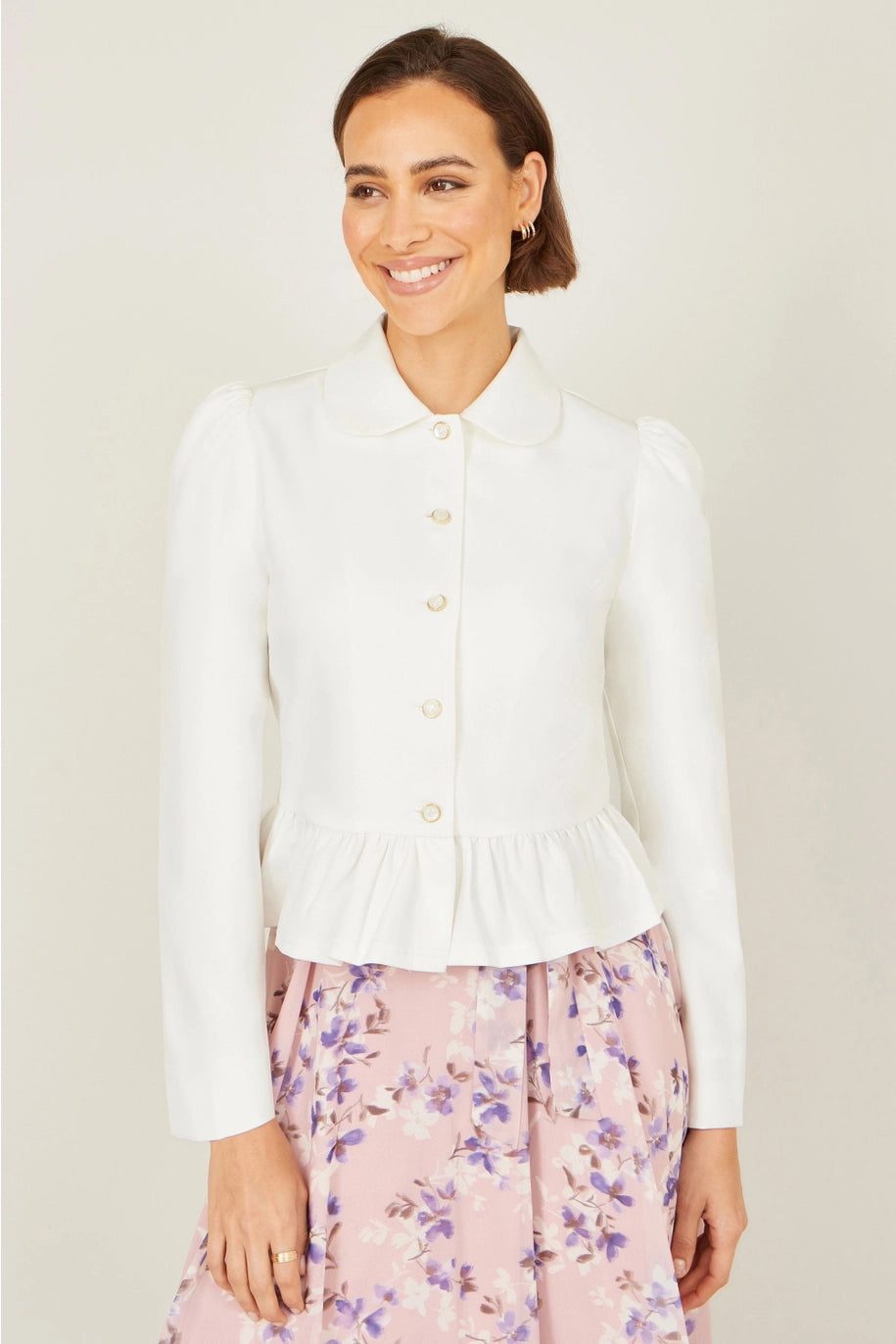 White & Gold Button Peplum Tailor Fitted Jacket