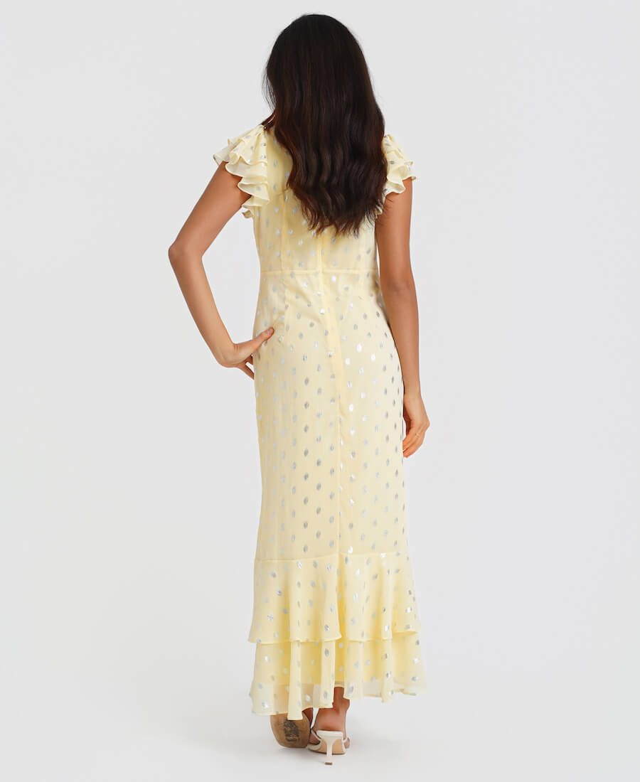 Lemon Yellow & Silver Foil Flutter Sleeve Silver Maxi Dress