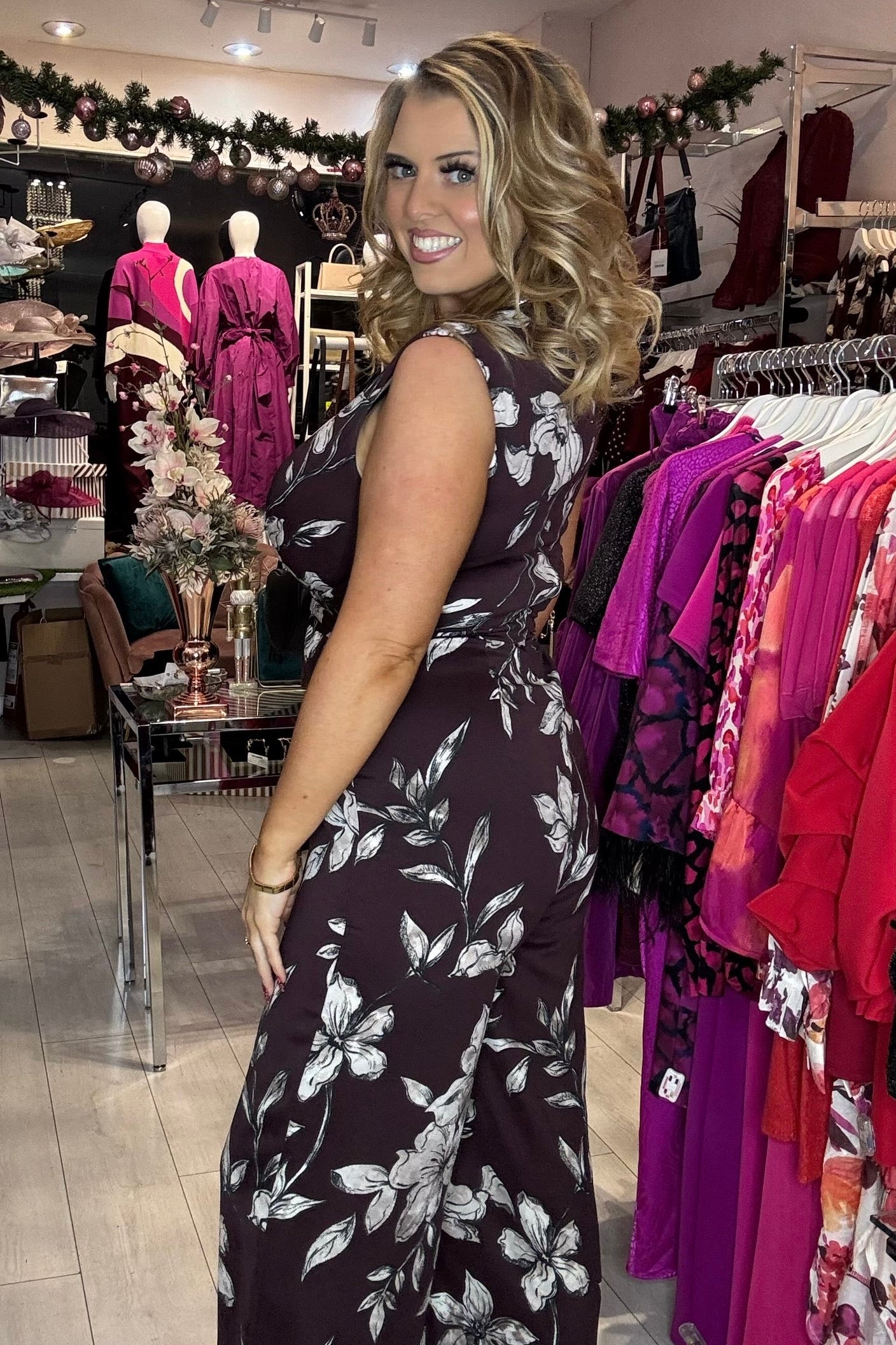 Plum Purple Floral Design Twist Front Wide Leg Jumpsuit