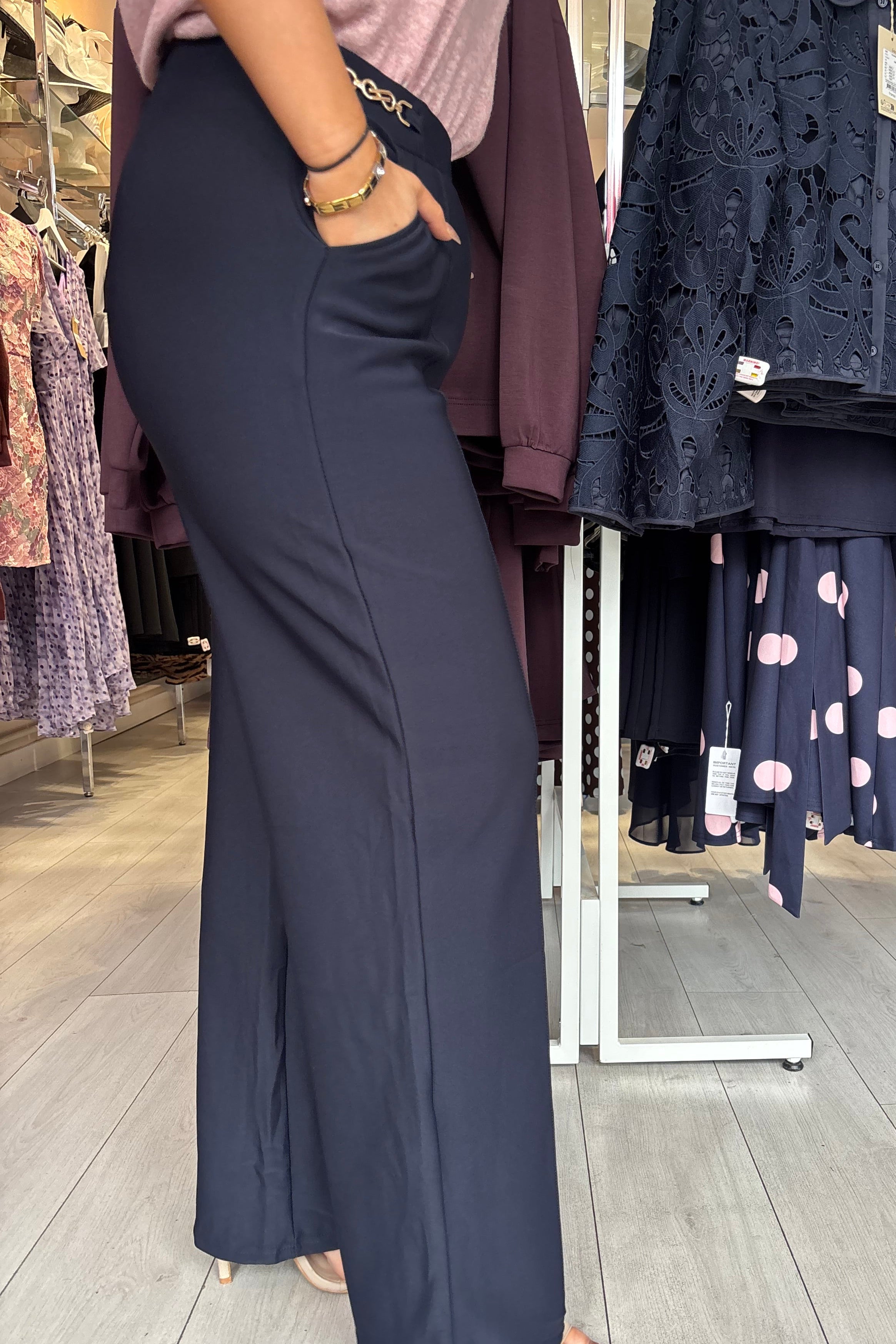 “The Jenny” Navy Gold Buckle Wide Leg Soft Feel Scuba Trousers