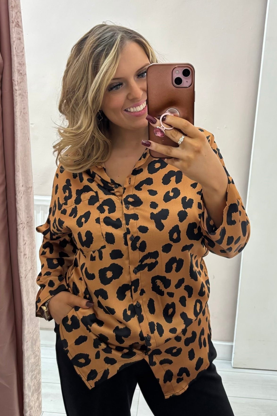 ROAR Brown Leopard Print Satin Oversized Blouse