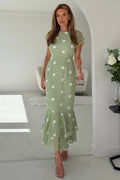 Sage Green & White Polka Dot Fishtail Midi Dress