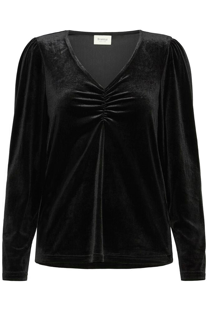 Fransa Premium Black Velvet Ruched Bust V Neck Top
